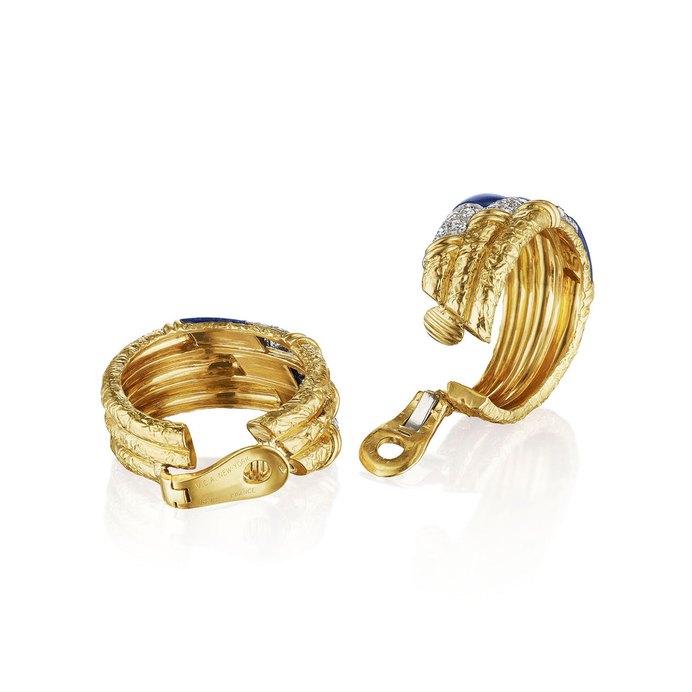 
                      
                        Macklowe Gallery Van Cleef & Arpels Mid-century Lapis and Diamond Hoop Earrings
                      
                    