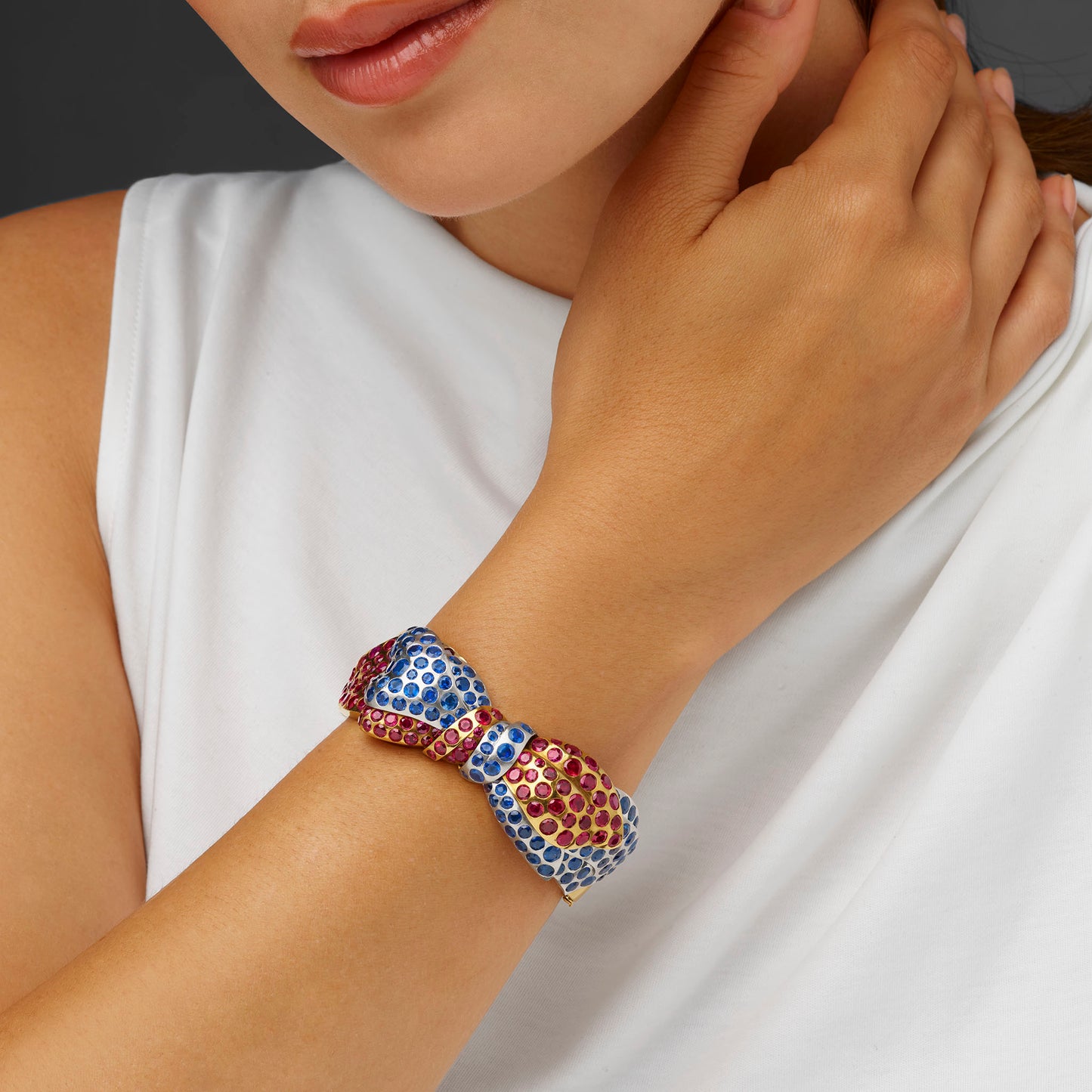 Macklowe Gallery Retro Ruby and Sapphire Bow Bracelet