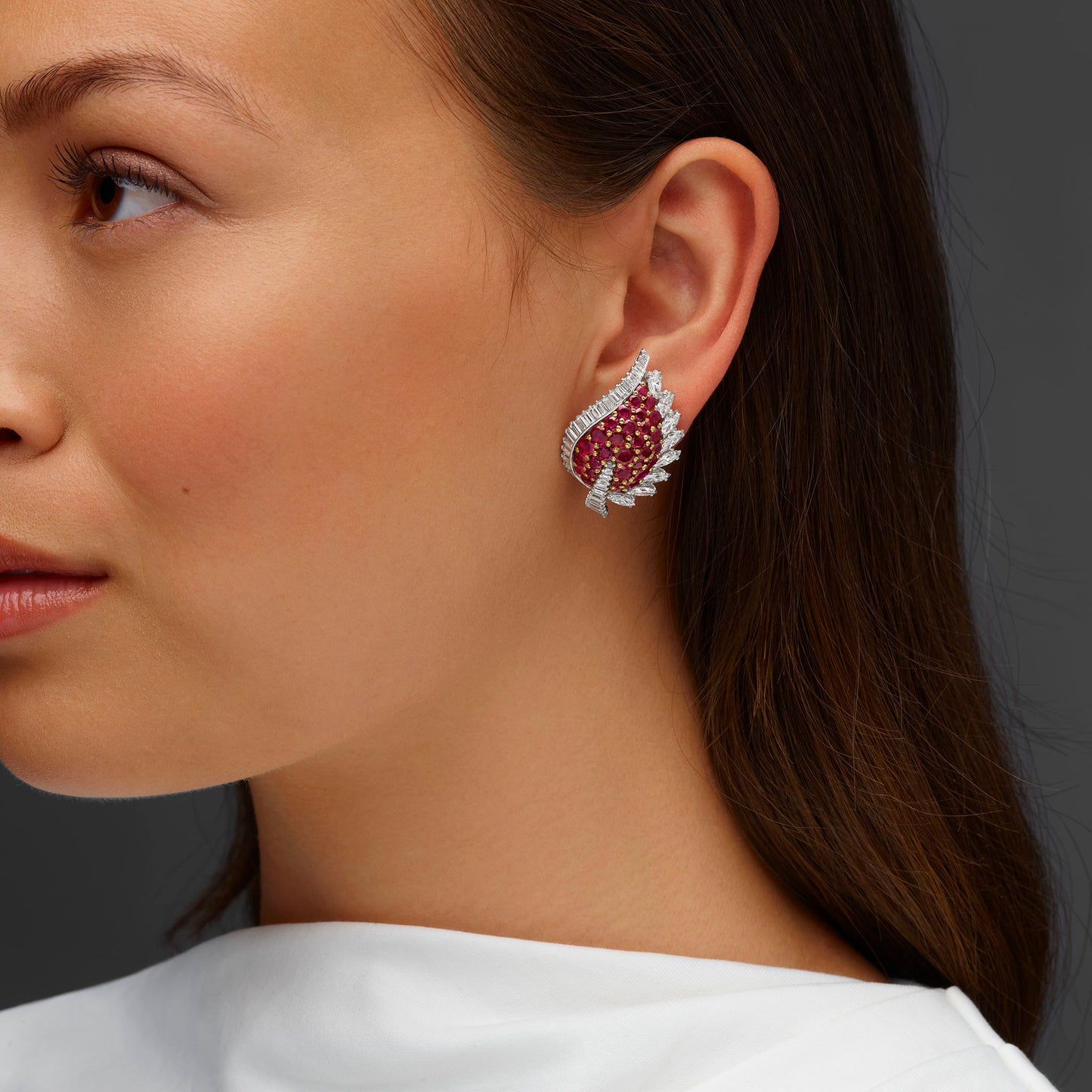 Macklowe Gallery French Mid-Century Ruby and Diamond Earrings