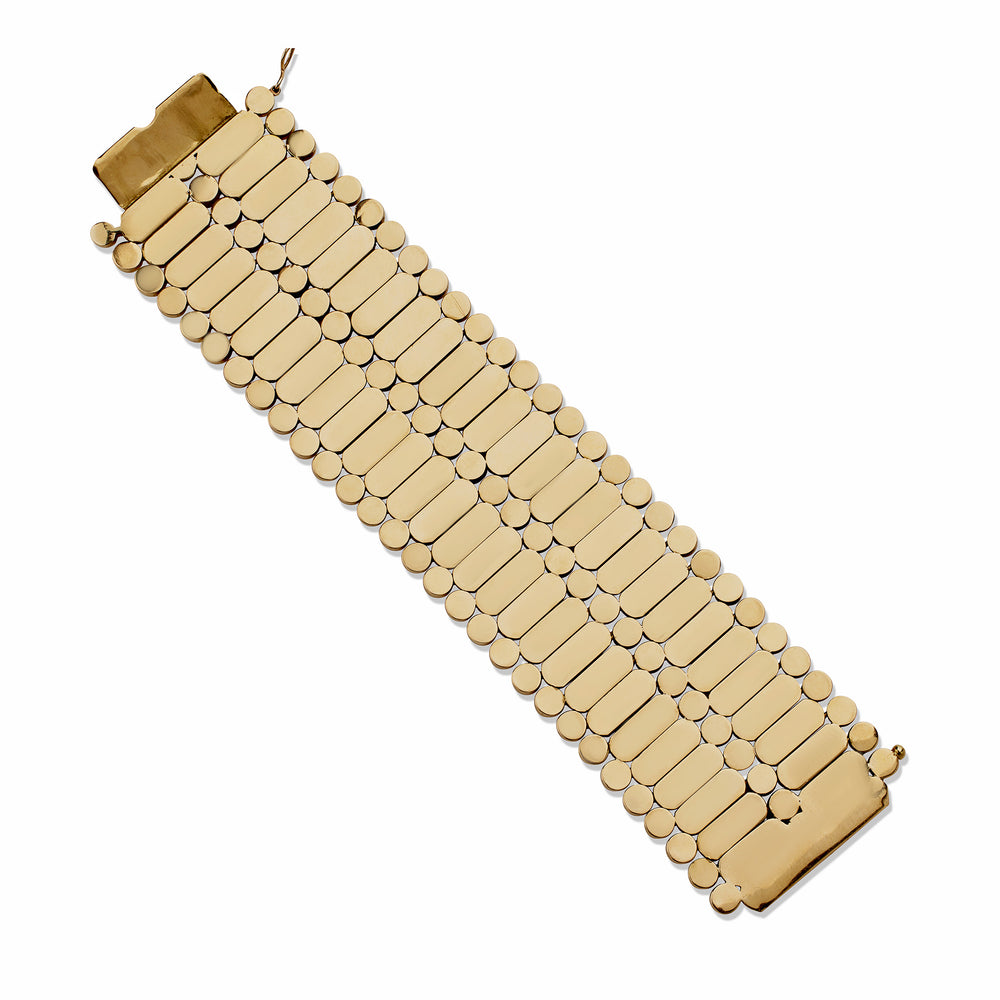 
                      
                        Macklowe Gallery Wide Retro Fancy Link 18K Gold Strap Bracelet
                      
                    