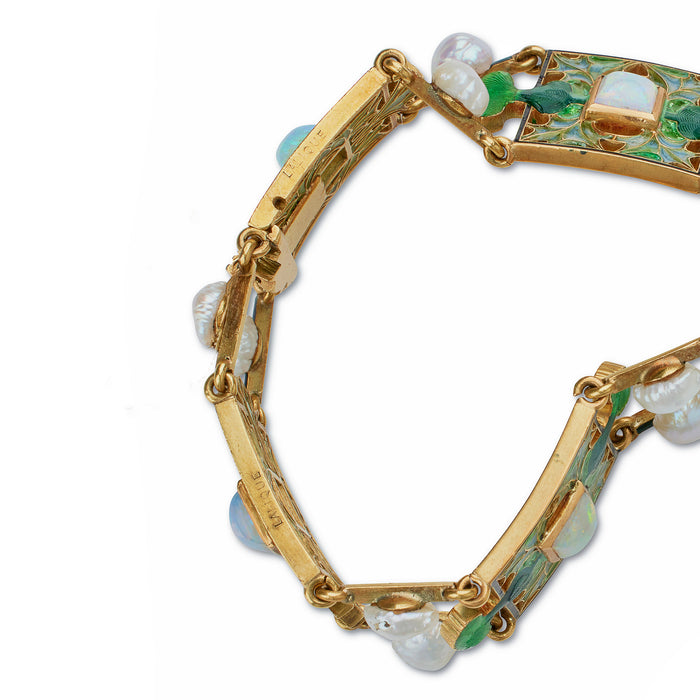 Macklowe Gallery René Lalique Art Nouveau Plique-à-jour Enamel, Opal and Pearl "Thistle of Lorraine" Bracelet