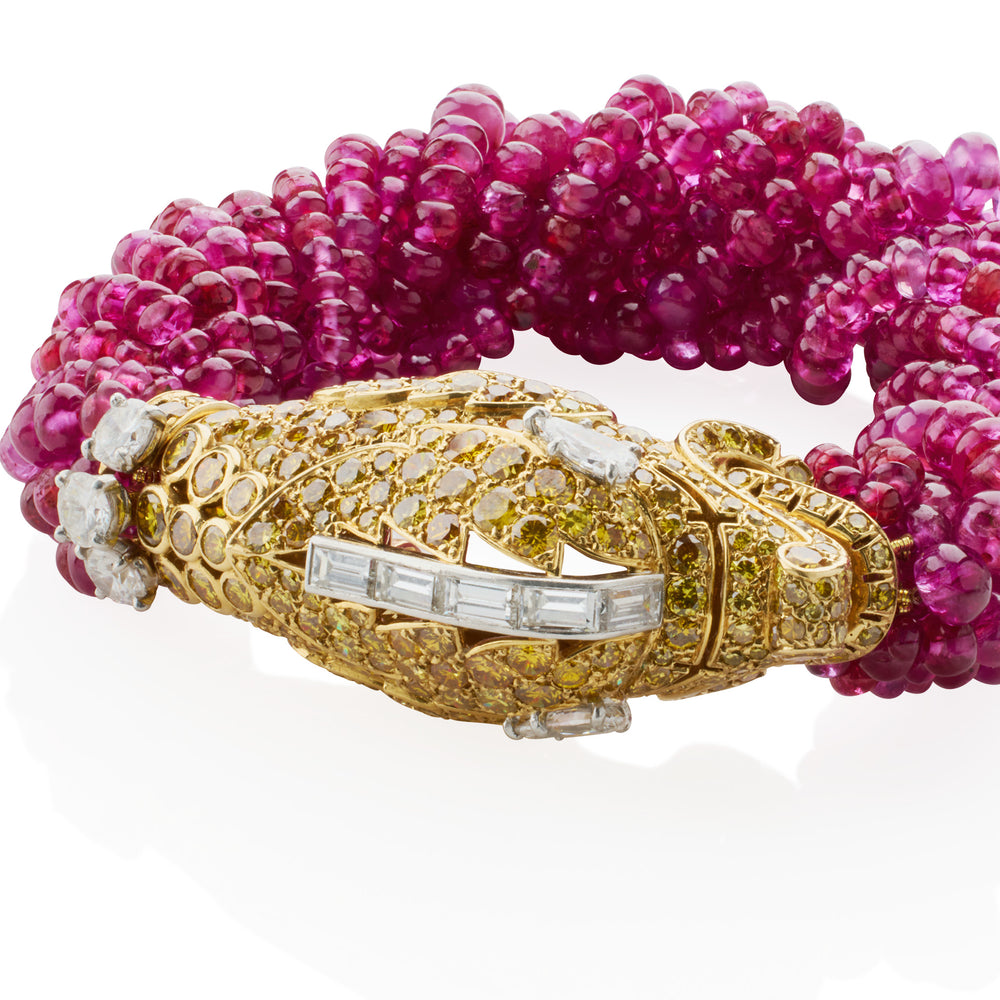 
                      
                        Macklowe Gallery Cartier Paris Diamond and Ruby Chimera Head Bracelet
                      
                    