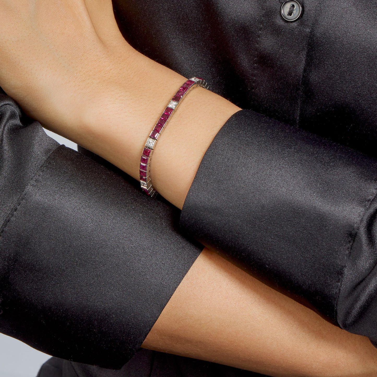 Macklowe Gallery Mid Century Ruby and Diamond Line Bracelet