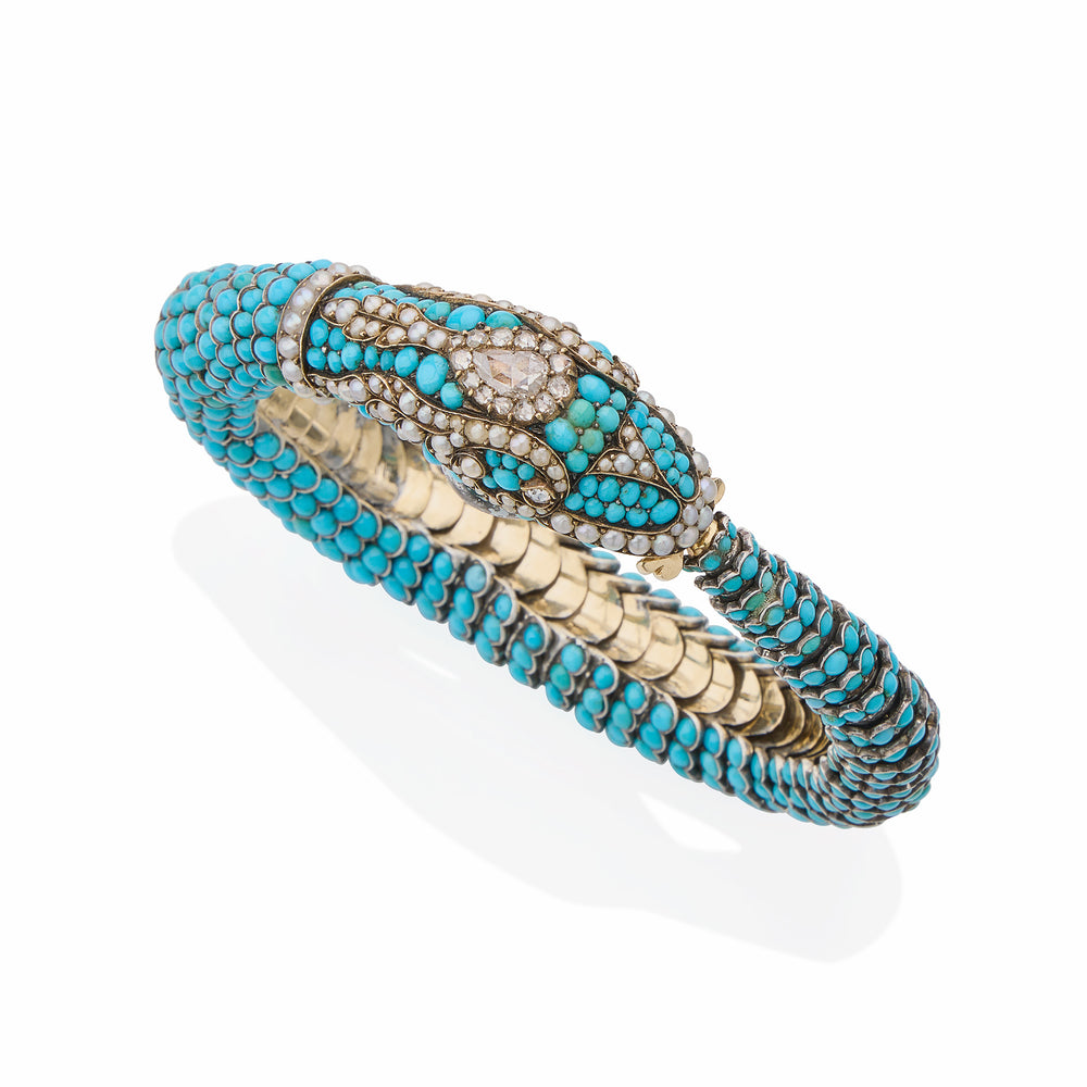 
                      
                        Macklowe Gallery Antique Turquoise, Diamond and Pearl Snake Bracelet
                      
                    