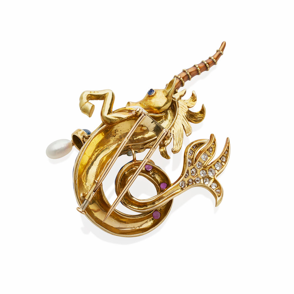 
                      
                        Macklowe Gallery French 1960s Enamel and Gem-set Sea Unicorn Brooch, Jean Thierry Bondt
                      
                    