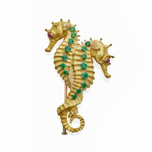 Macklowe Gallery Tiffany & Co. Georges Lenfant 18k Gold and Emerald Double Seahorse Brooch
