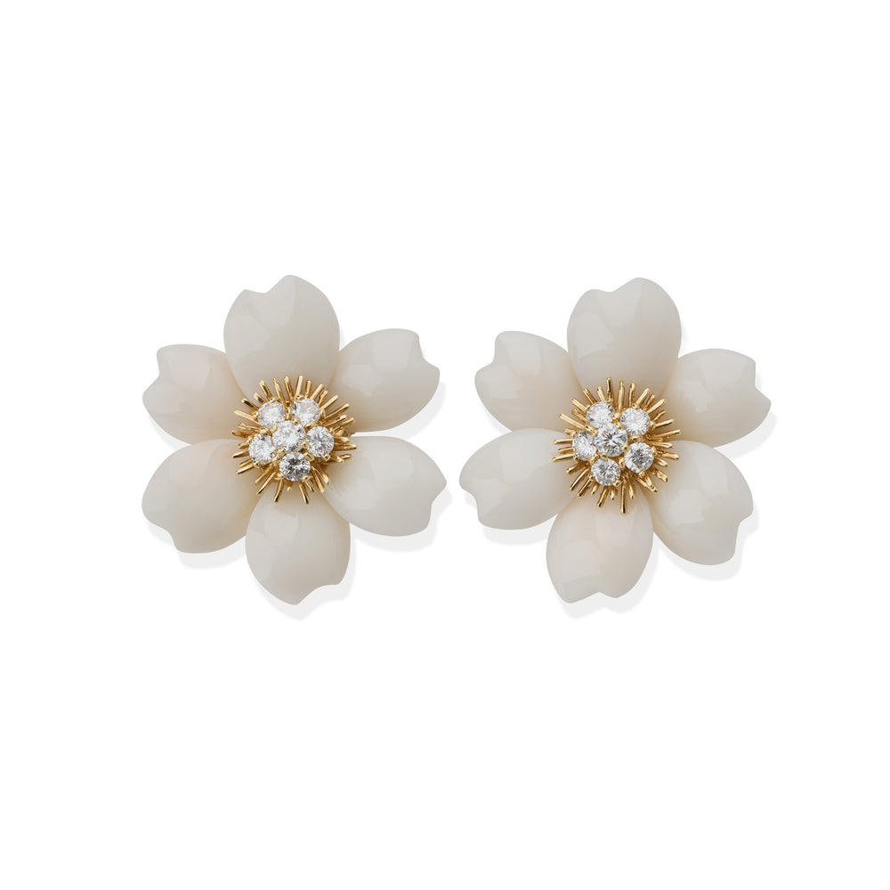 
                      
                        Macklowe Gallery Van Cleef & Arpels "Rose de Noël" White Coral Clip Earrings
                      
                    