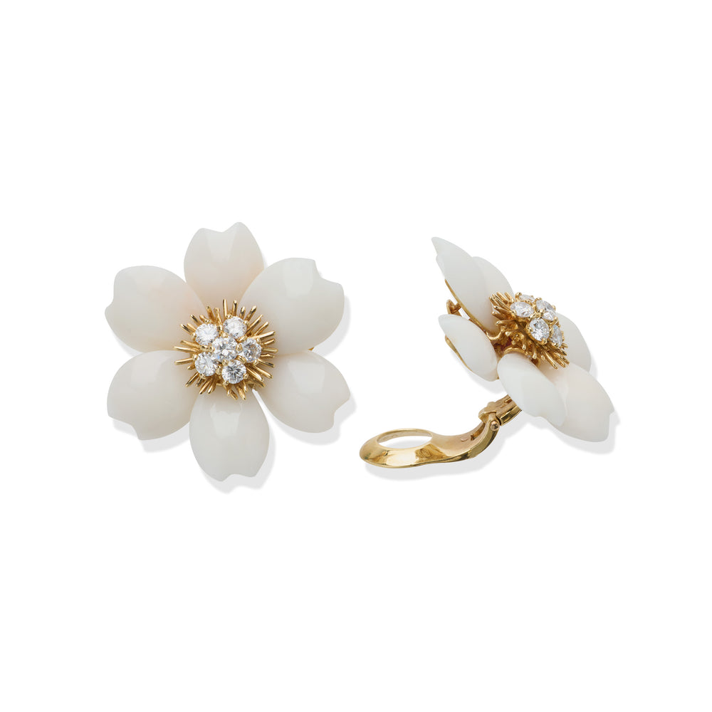 
                      
                        Macklowe Gallery Van Cleef & Arpels "Rose de Noël" White Coral Clip Earrings
                      
                    