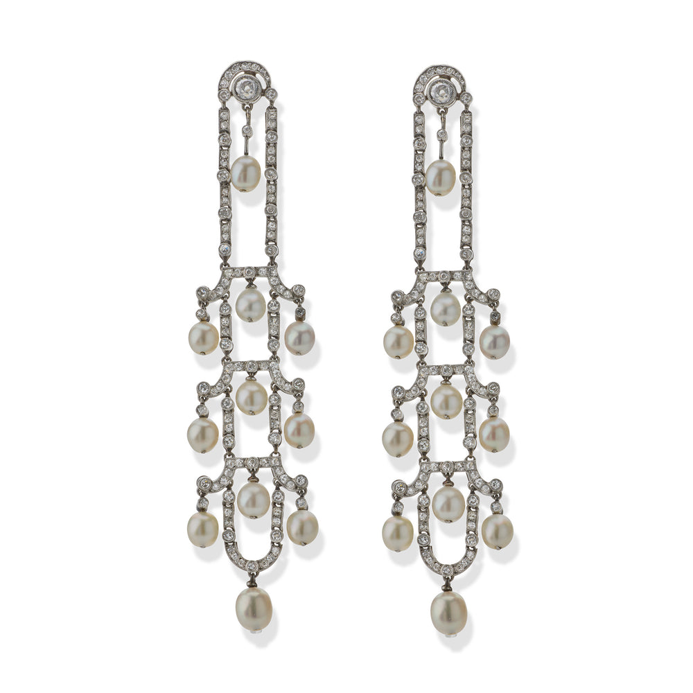 Macklowe Gallery Art Deco Seed Pearl and Diamond Chandelier Earrings