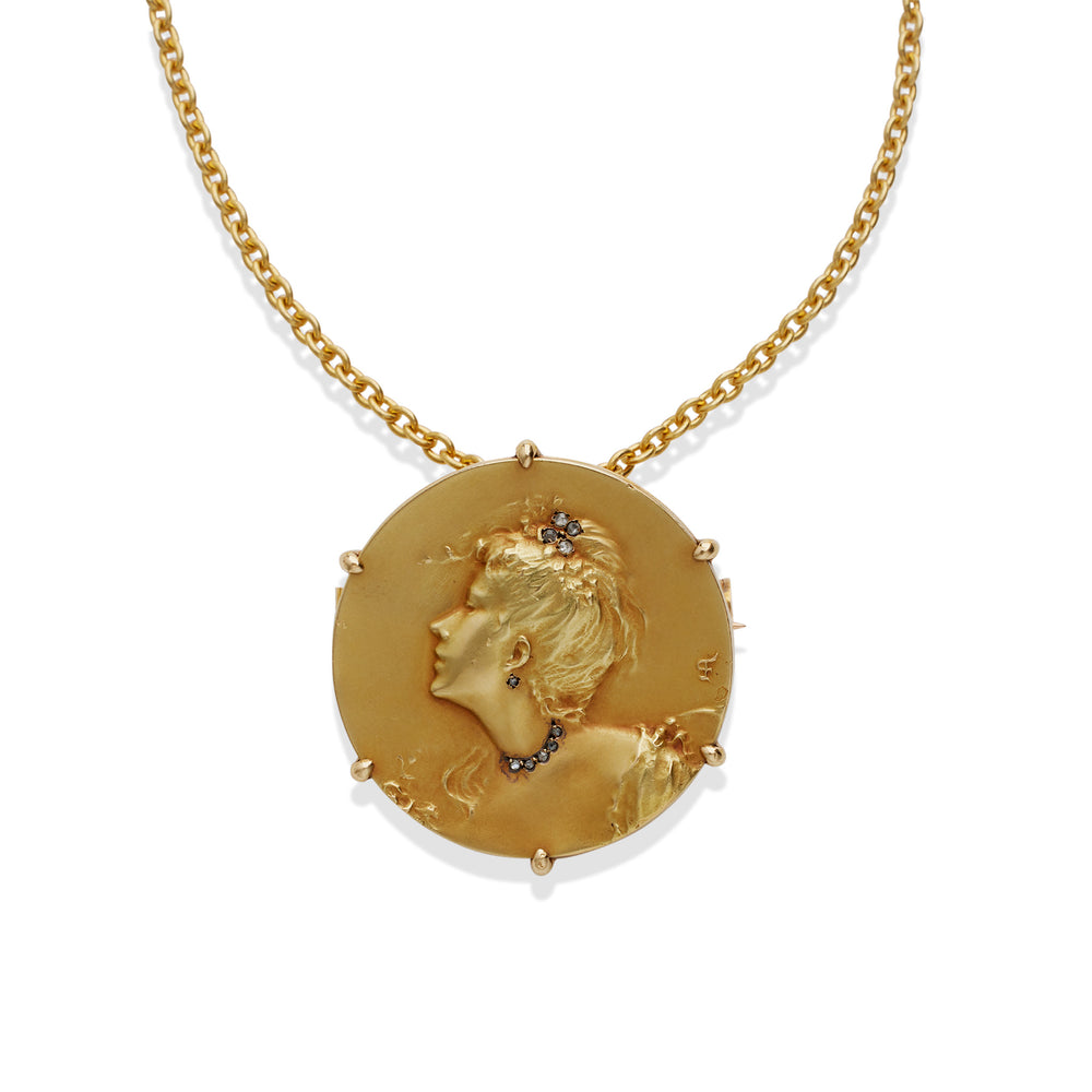 Macklowe Gallery Comte d'Epinay de Briort Art Nouveau Medal-Jewel "Habillé" Pendant Brooch and Chain