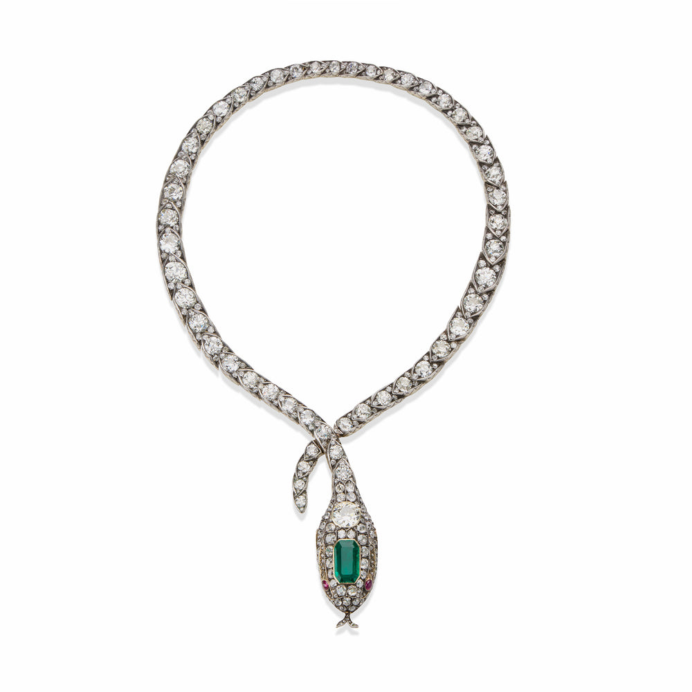 Macklowe Gallery Antique Emerald and Diamond Serpent Necklace