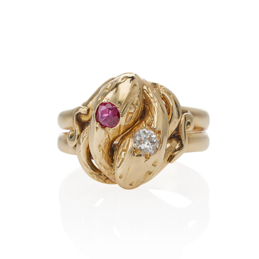 Macklowe Gallery Antique 18K Gold, Ruby and Diamond Double Snake Ring