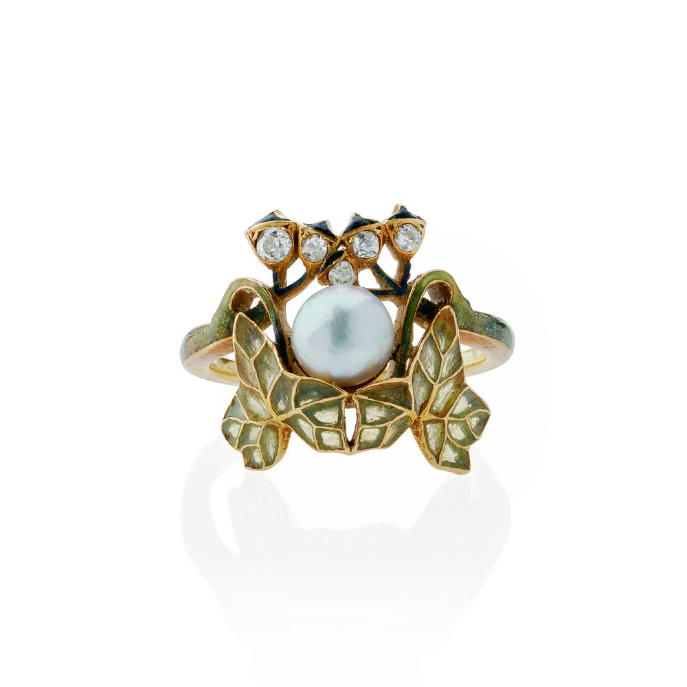 
                      
                        Macklowe Gallery René Lalique Art Nouveau Natural Pearl, Diamond and Plique-à-jour Enamel "Lierre" Ivy Ring
                      
                    