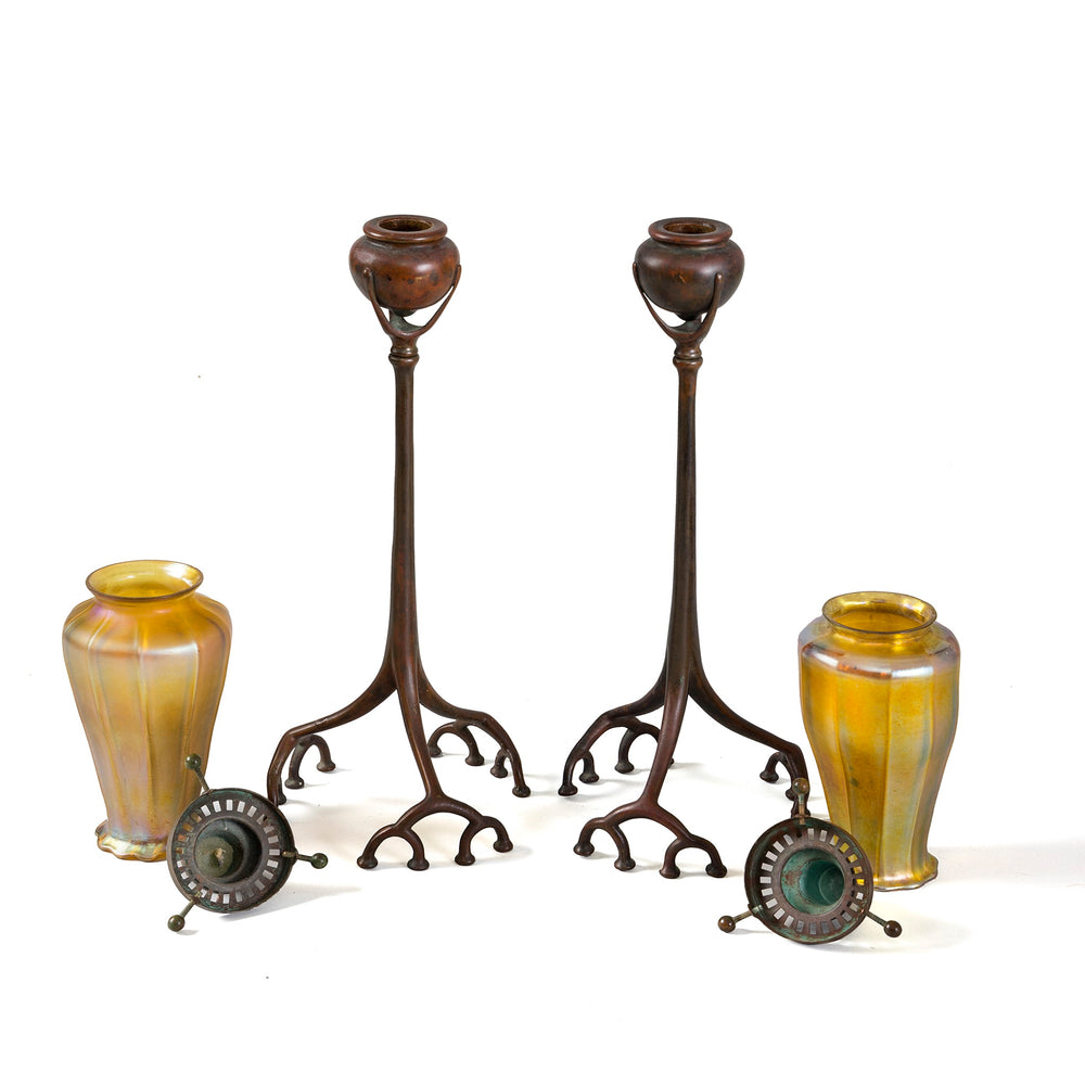 
                      
                        Macklowe Gallery Tiffany Studios New York Pair of "Root" Candlesticks with Favrile Glass Shades
                      
                    