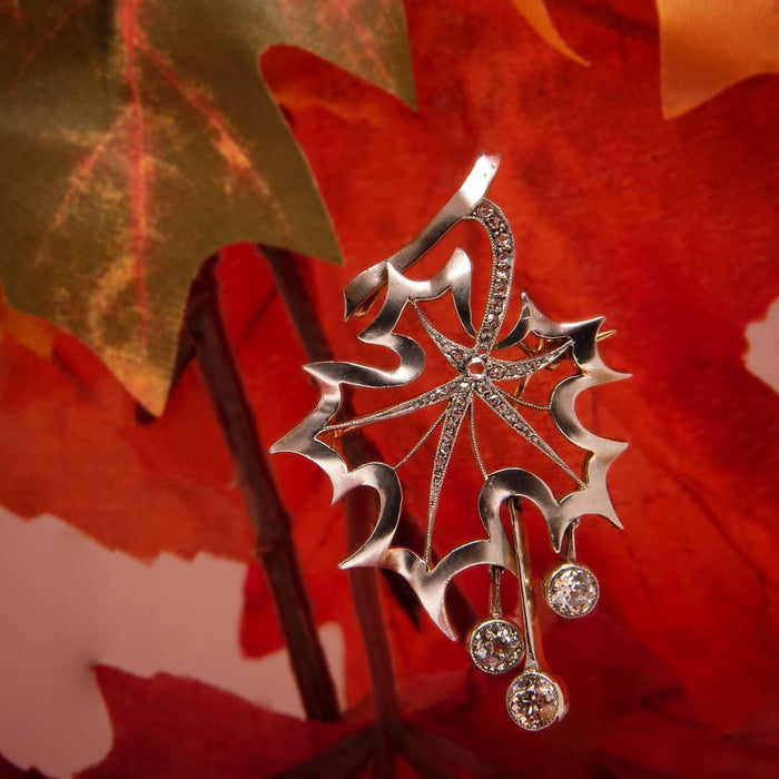 Platinum-Topped Gold and Diamond Maple Leaf Brooch