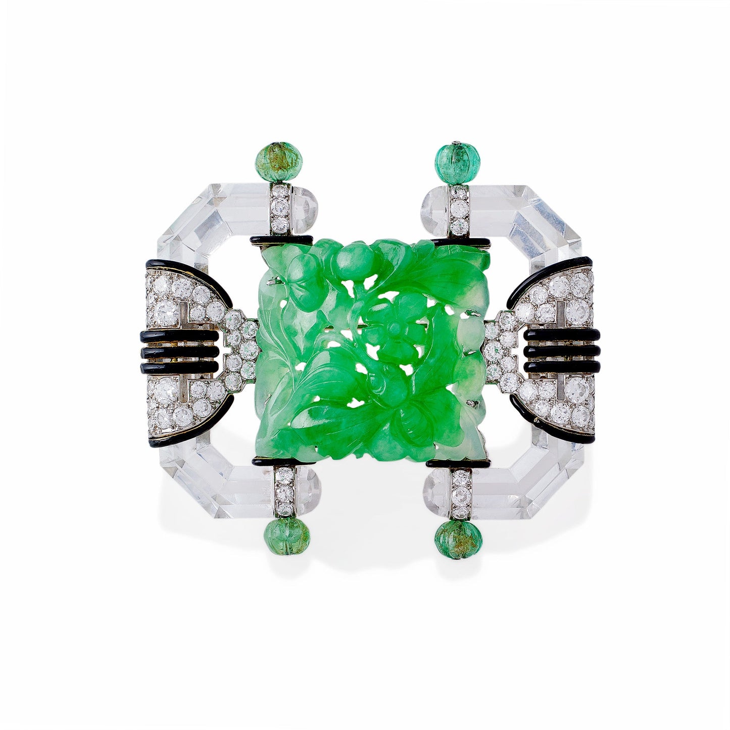 Macklowe Gallery Mauboussin Paris Carved Rock Crystal, Jadeite and Emerald Brooch