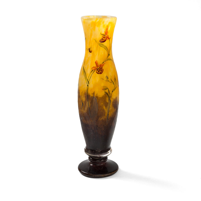 Daum Nancy Enameled and Etched Orchid Landscape Glass Vase