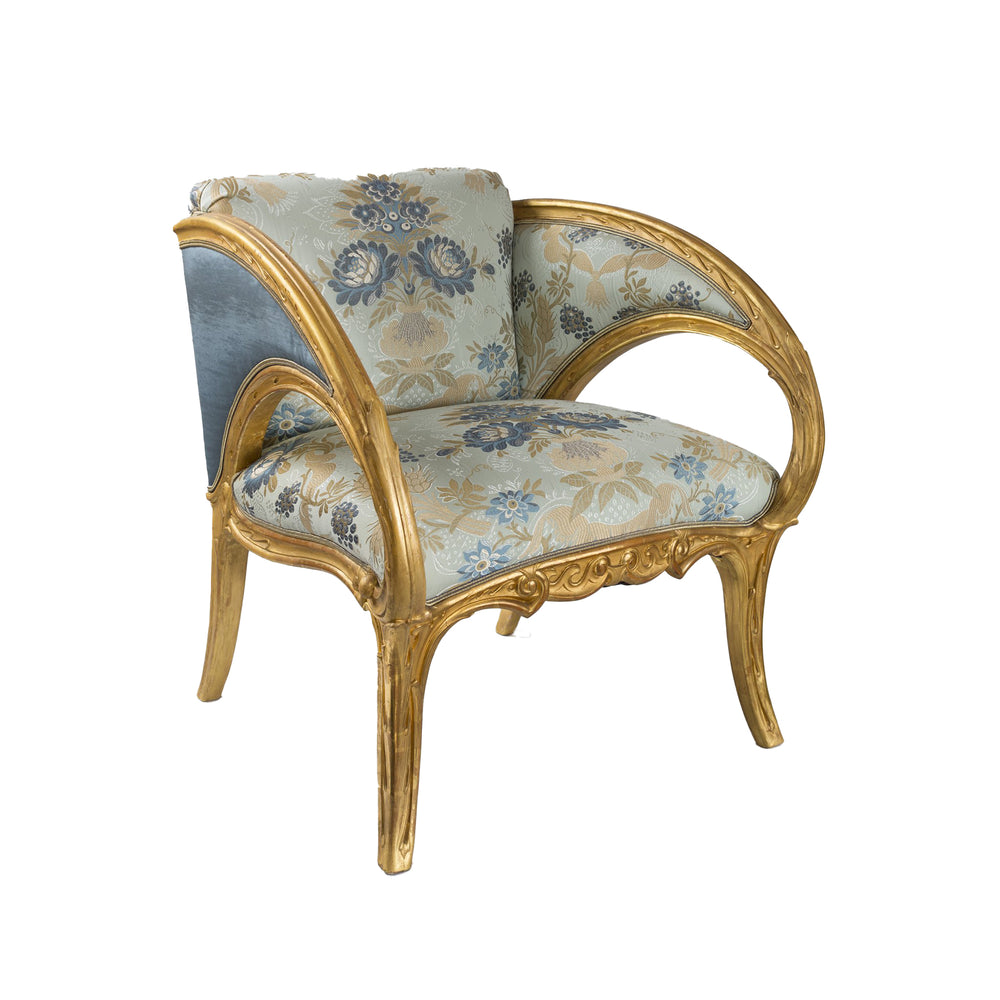 Joan Busquets Pair of Blue Floral Giltwood Armchairs