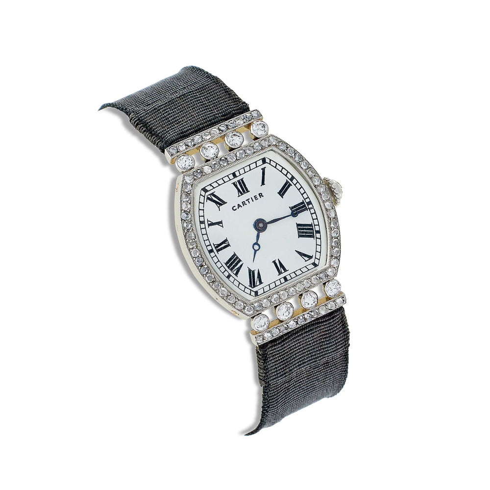 Macklowe Gallery Cartier Paris “Tortue” Diamond and Grosgrain Wristwatch