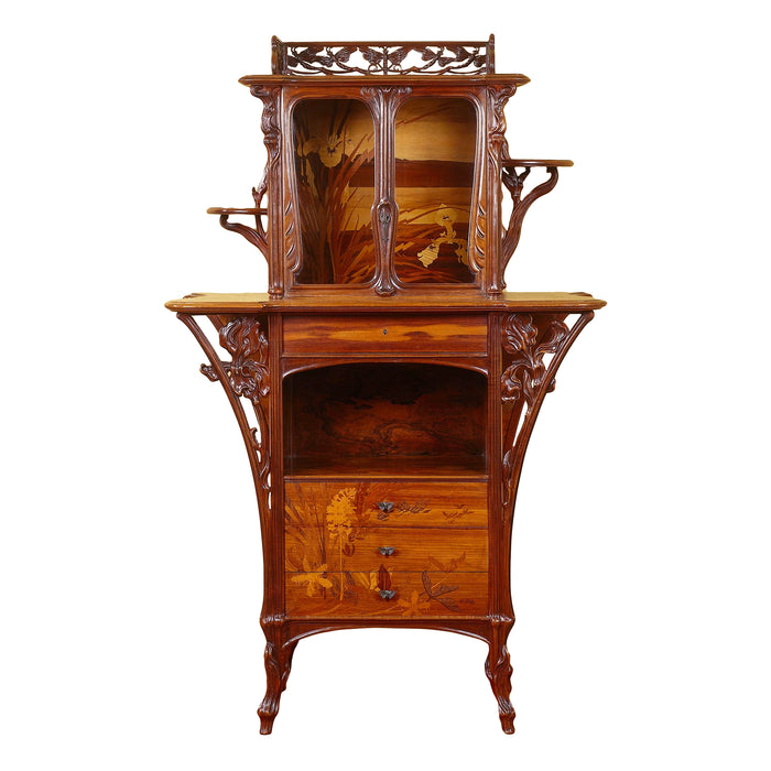 Émile Gallé French Walnut and Fruitwood Marquetry Vitrine